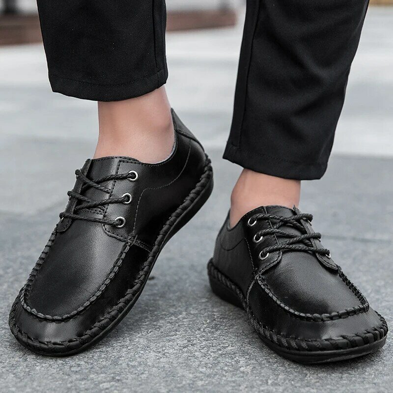 Sapato de couro genuíno masculino, Oxfords com renda, sola macia antiderrapante, sapatilha casual