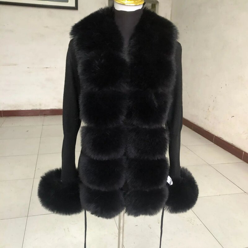 Suéter de punto de piel sintética para mujer, cárdigan elegante con cuello de piel de zorro falso, abrigo de moda para mujer, primavera y otoño