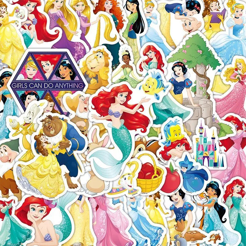 Stiker kartun putri Disney Mix, 10/30/100 buah stiker lucu salju putih Elsa untuk mainan anak-anak koper helm Kawaii gadis