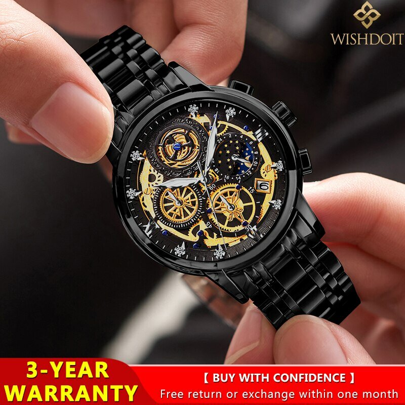 WISHDOIT-relógio de quartzo de aço inoxidável impermeável para homens, relógios de pulso analógicos para negócios, sol, lua, estrela, marca Top original