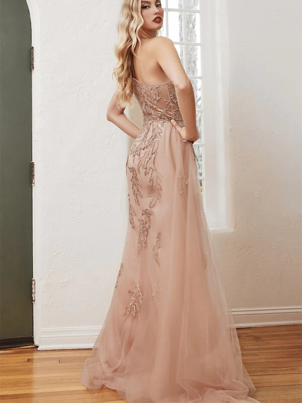 Graceful One Shoulder Sleeve Gowns 2024 Sexy Side Slit Evening Dress Elegant Tulle Floor-Length Gown Vestidos De Novia