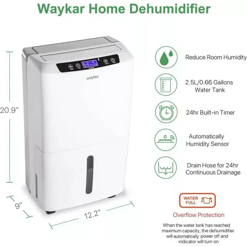 Waykar 2000 sq. Ft Luftent feuchter für Haus und Keller, mit automatischer oder manueller Entwässerung, 0,66 Gallonen Wassertank kapazität