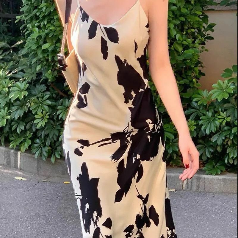 Vestido francês suspenso feminino glamoroso, com decote em v estampado de comprimento médio, encaixe fino e cintura, novo, verão, 2022