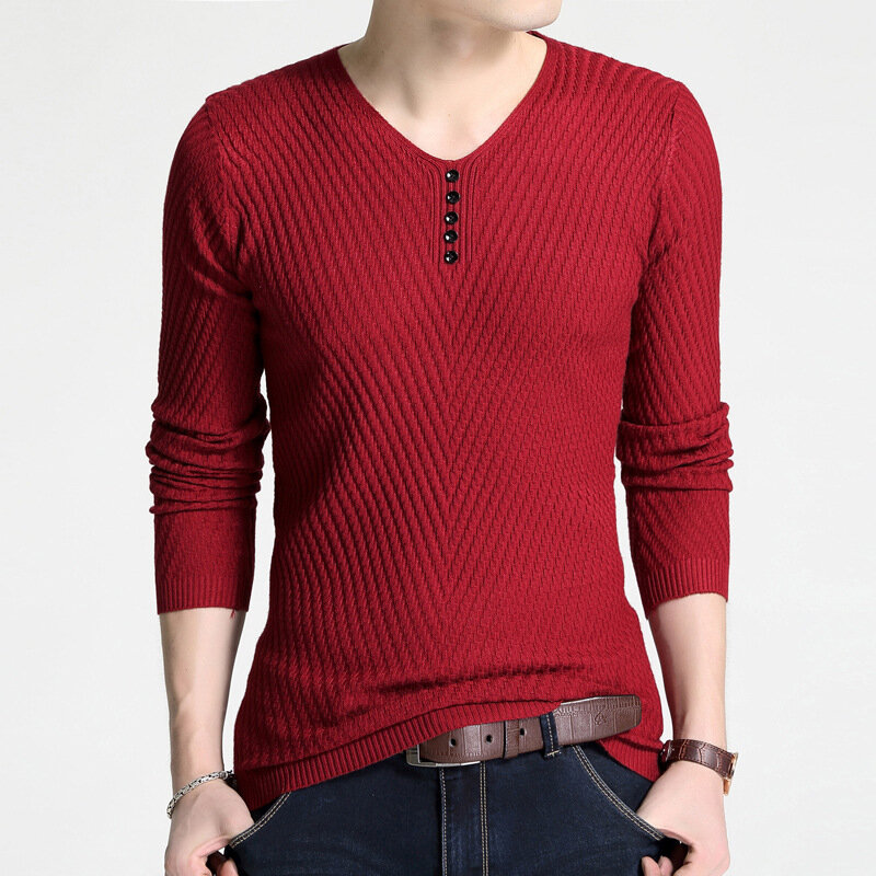 Liseaven Autumn Winter Men's Solid Color Sweater V-Neck Pullovers Mens Pull Homme Clothing Men Sweaters