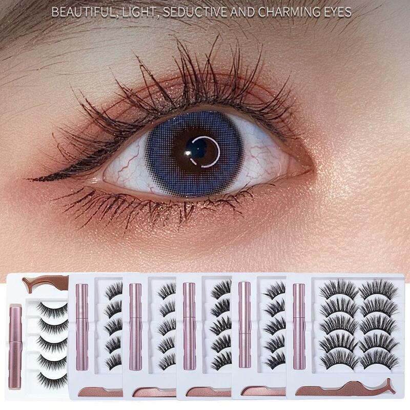 Magnetic Eyelashes Set Full Strip 5 Pair Natural False ReusableThick Eyelashes Waterproof Liquid Makeup Set