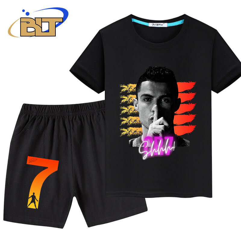 T-shirt estampada Ronaldo infantil e shorts de manga curta, conjunto de 2 peças, adequado para meninos, verão
