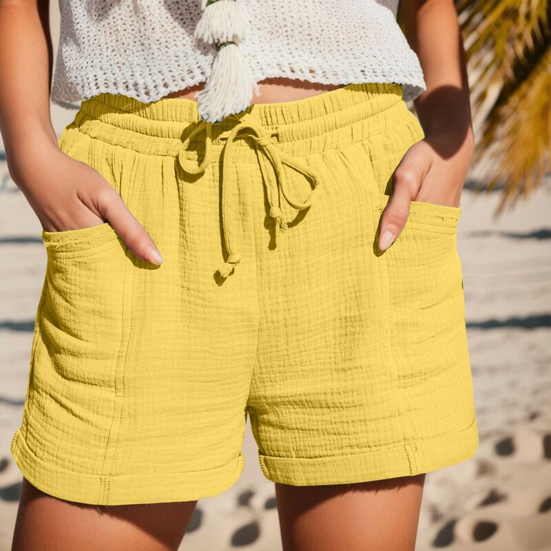 Celana pendek wanita katun Linen, celana pendek olahraga kasual serbaguna warna Solid tali serut pinggang elastis longgar nyaman musim panas