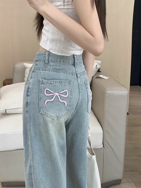 Women High Waist Blue Jeans Bow Embroidery Straight Denim Pants Spring Summer Chic Loose Casual Wide Leg Trousers