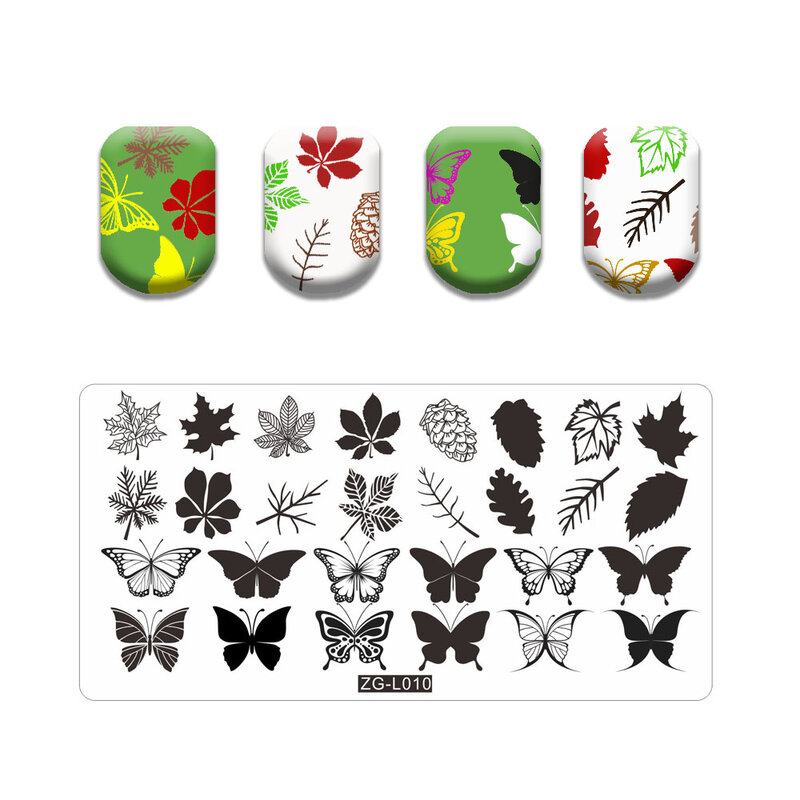 Placa de estampado de hojas de Arce, imagen de Calavera, diseño de Pinecone de mariposa de acero inoxidable, placa de estampado de Arte de uñas, encaje de gato