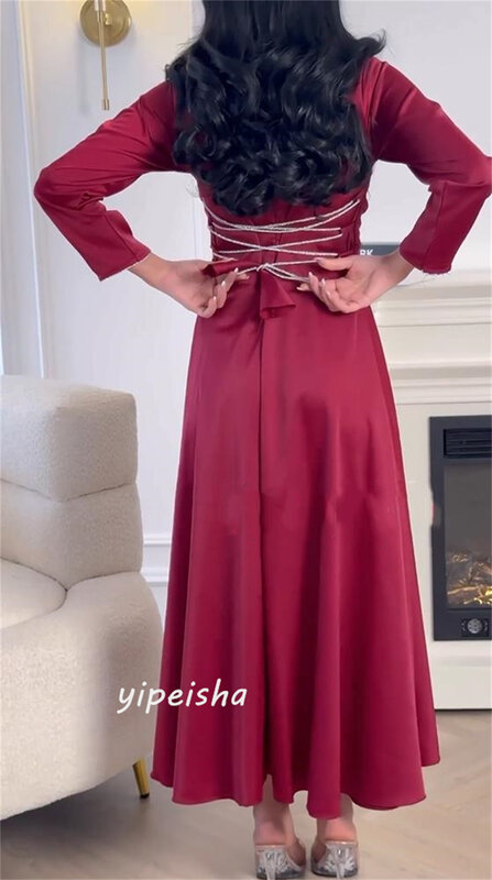 Prom Dress Saudi Arabia Satin Draped Pleat Engagement A-line Square Collar Bespoke Occasion Gown Long Sleeve Dresses
