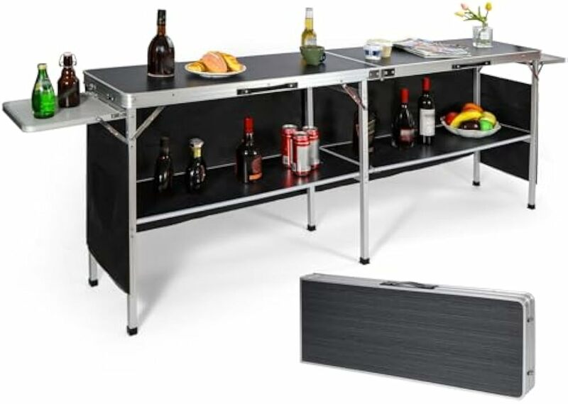 Meja Bar ekstra panjang portabel, luar ruangan dengan rok Bar dan rak penyimpanan, Meja Bar Pop-Up dengan rak samping untuk pesta, teras, HITAM