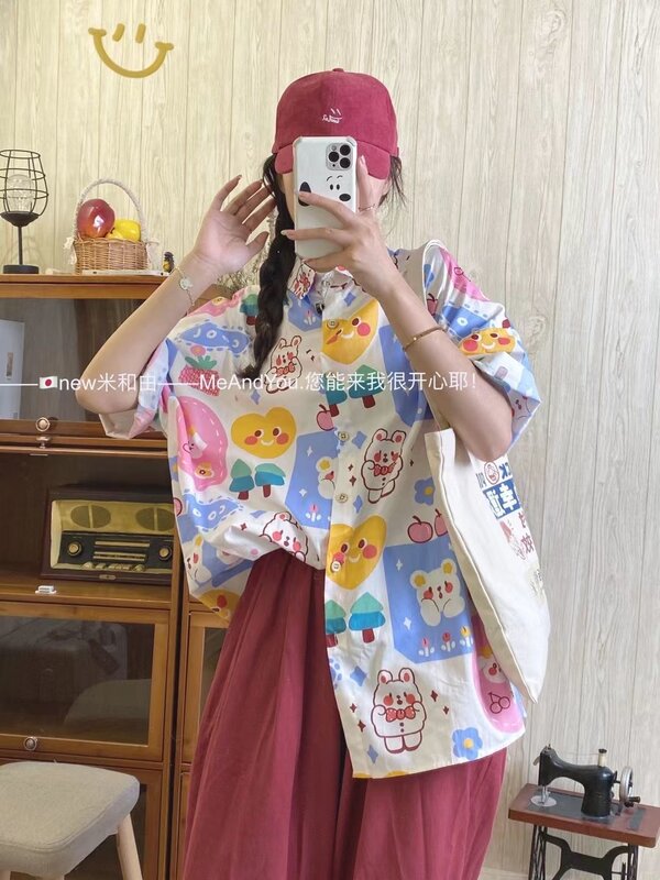 여성용 반팔 루즈 폴로 블라우스, 귀여운 리본 프린트 블라우스, 일본 캐주얼 티셔츠, 2024 여름