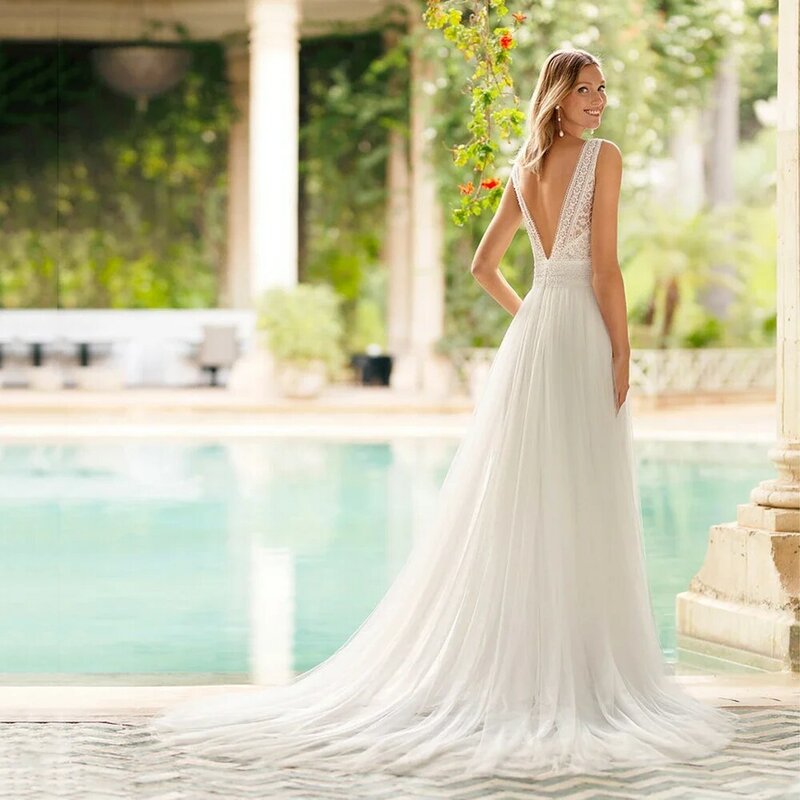 Elegante Tüll Hochzeit Kleider V-ausschnitt Sleeveless A-Line Vestido De Novia 2023 Einfache Backlee Spitze Sweep Zug Brautkleid
