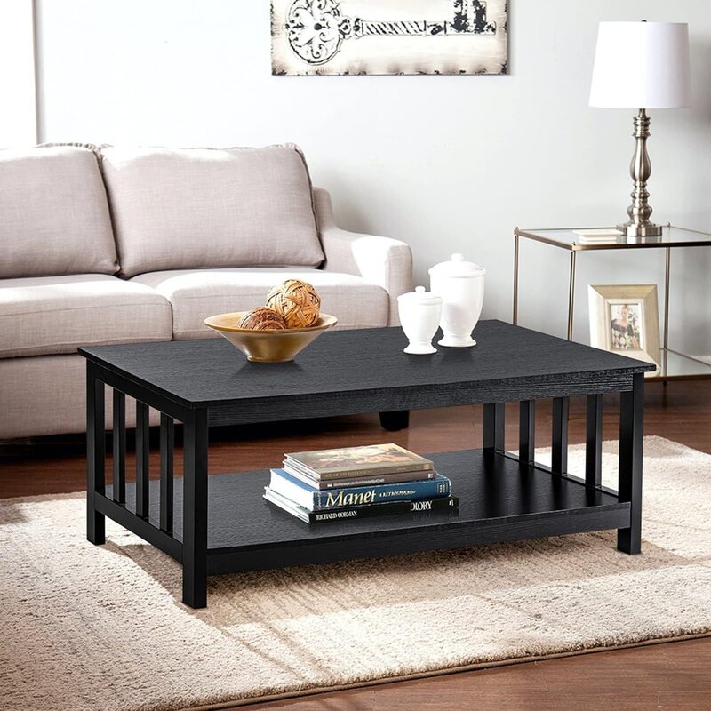 Mesa de centro de la Misión de los Estados Unidos, mesa de madera negra para sala de estar con estante, 40 negro