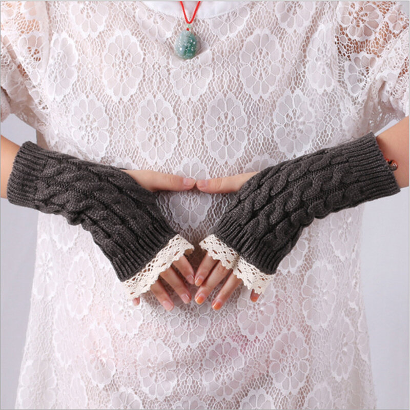 Feminino borda de renda metade dedo luvas inverno macio lã quente tricô fingerless luvas mitenes moda menina casual acessórios t152