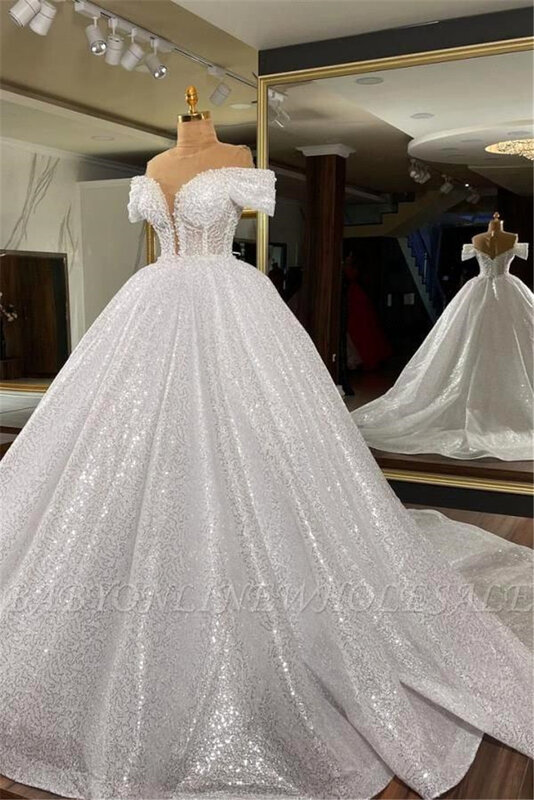 Роскошное Свадебное платье с блестками и драпировкой, изысканное свадебное платье-трапеция с открытыми плечами и V-образным вырезом, свадебное платье со шлейфом