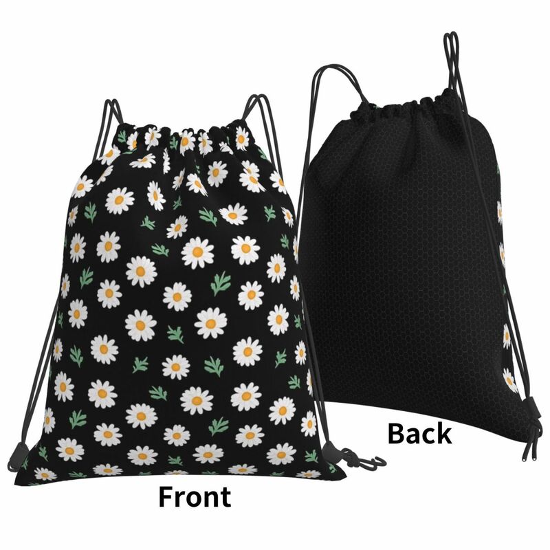 ブラックポータブル巾着袋、ブラックバックパックのデイジーパターン、バンドルポケット収納バッグ、男性と女性のためのブックバッグ、学生
