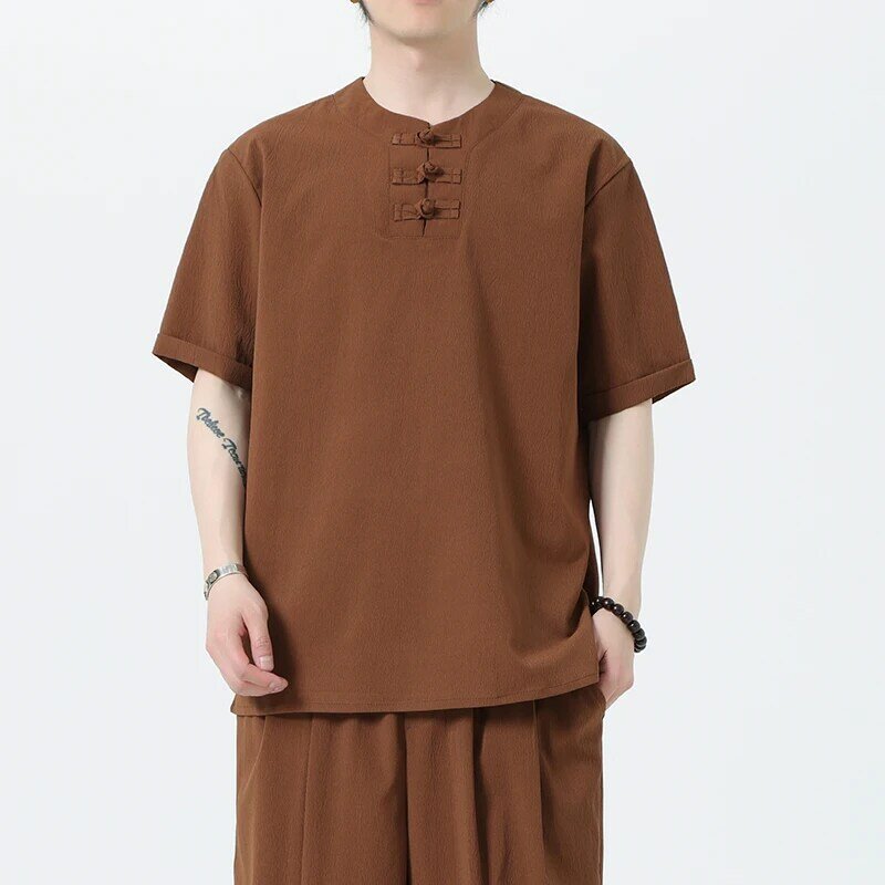 เสื้อผ้าแปลกใหม่เสื้อกังฟูคอวีสำหรับผู้ชายสไตล์จีนดั้งเดิมฝ้ายลินินเสื้อ5XL จีน
