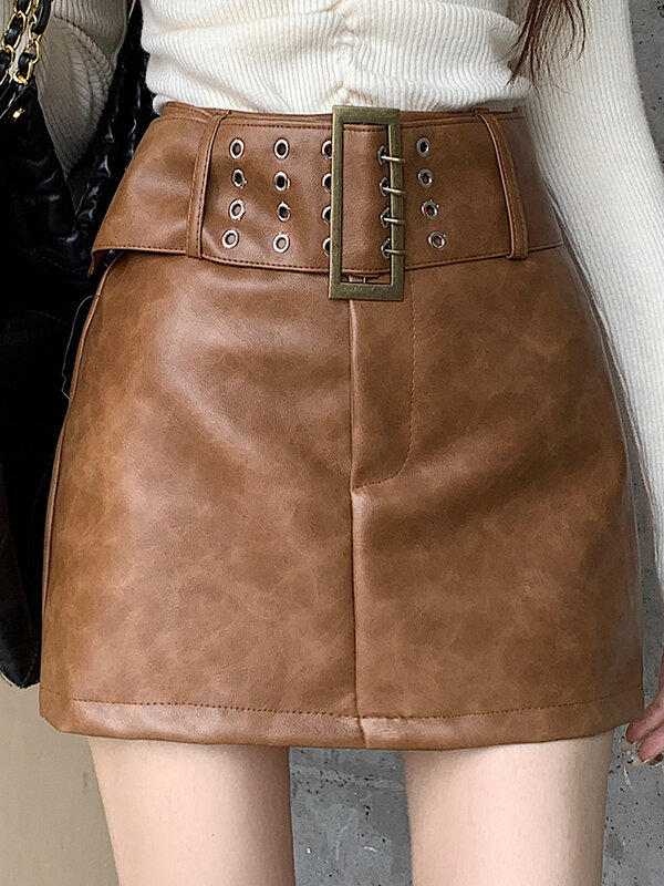 QOERLIN rok kulit imitasi wanita 2024 rok PU pinggang tinggi baru sabuk ramping kopi hitam rok Mini seksi Streetwear kasual longgar