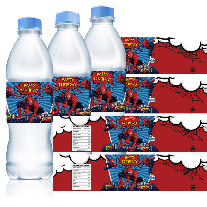 Etiquetas adhesivas de superhéroes de Spiderman para botella de agua, suministros de fiesta de cumpleaños, Baby Shower, decoración de mesa, decoraciones al aire libre para niños