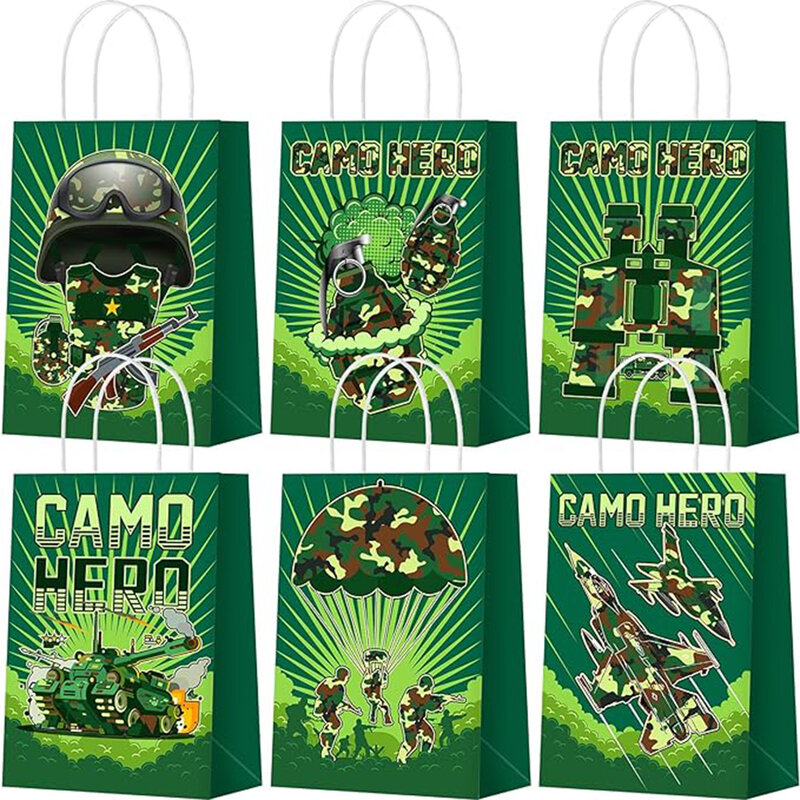 6 Pcs Camo Birthday Party Favors Bag Camouflage Paper Goodie Bags Army Tank fighter Soldier Candy Treat Bags Camo Party Supplies