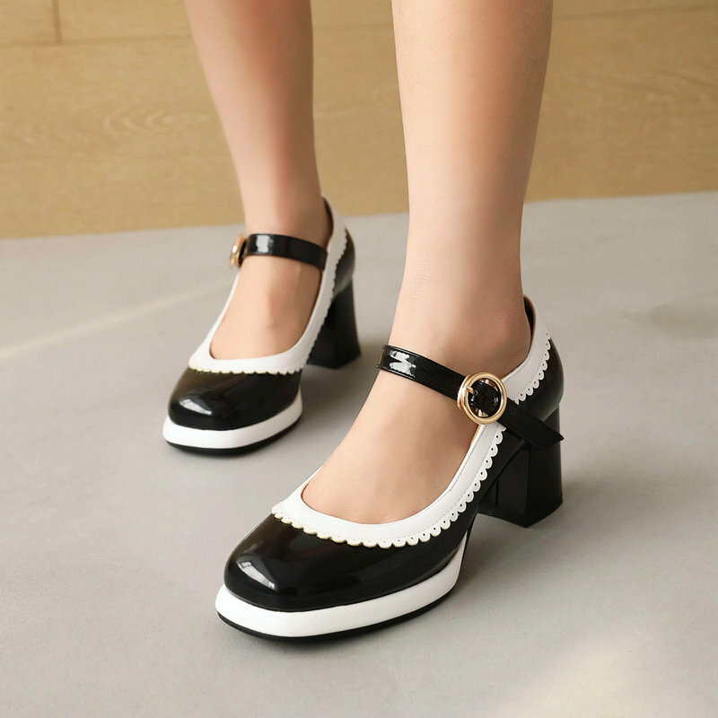 Fashion Girls Mary Janes Shoes Patent Leather Square Head Women Pumps Thick Heels Buckle Party Ladies Shoes Plus Size 31-43