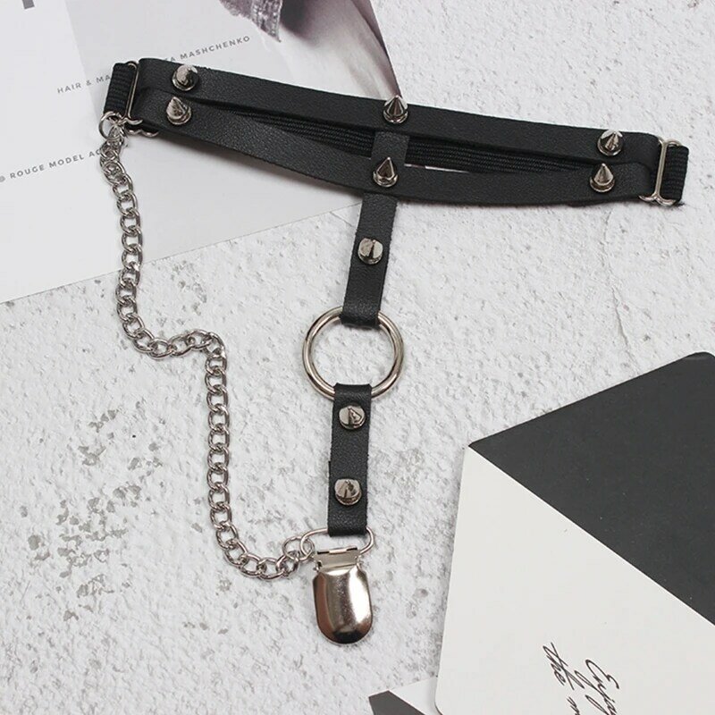 PU Leather Thigh Clips Anti-slip Belt Elastic with Dangle Chain Circle Decor Harness Nightclub Leg Accessories for Women