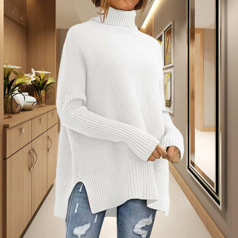 女性用長袖ハイカラーセーター,裾のスリットセーター,厚く,暖かく,柔らかく,伸縮性があり,ルーズ,秋冬