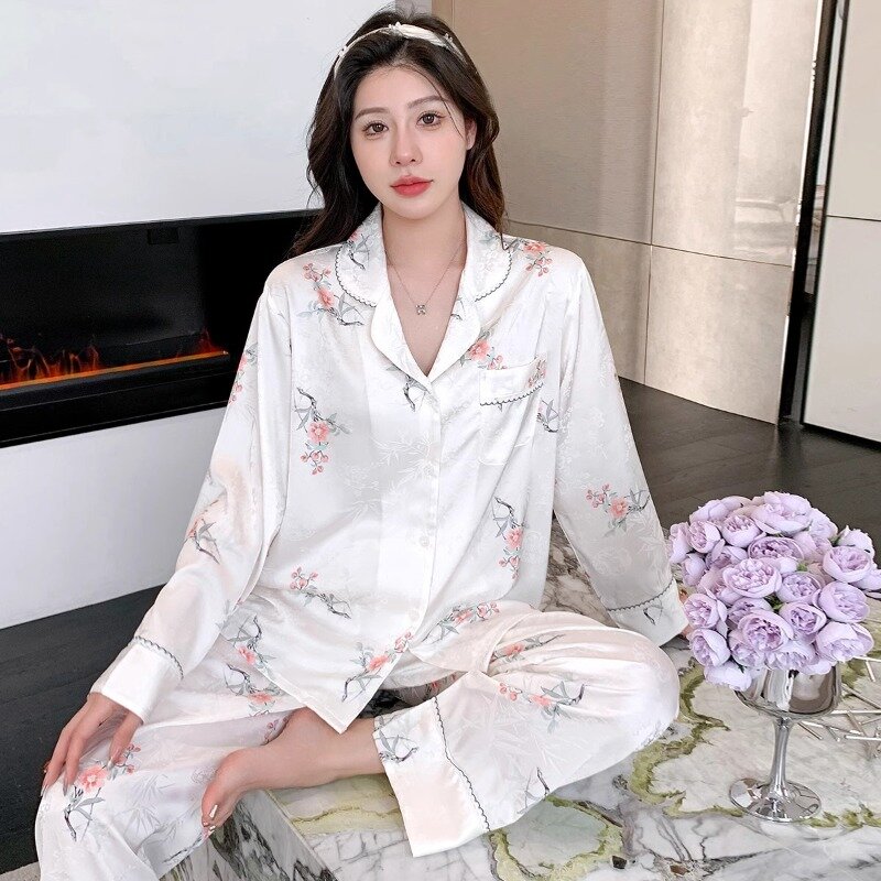 Spring and Autumn Women's Ice Silk Pajamas Long-sleeved High-end Printed Home Clothes Summer Thin
