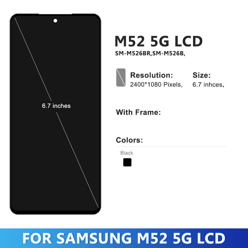 หน้าจอ5g พร้อมกรอบสำหรับ AMOLED M52 Samsung, จอแสดงผล LCD สำหรับ Samsung M526 M526B หน้าจอสัมผัสประกอบดิจิทัล