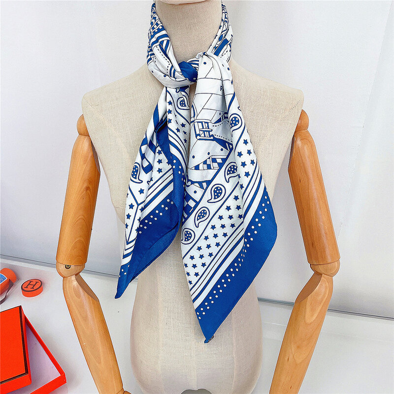 Head Scarves For Ladies 90cm Foulard Twill Silk Square Scarf Stairs Printed Women Shawl Brand Hijab Bandana Handmade Curled