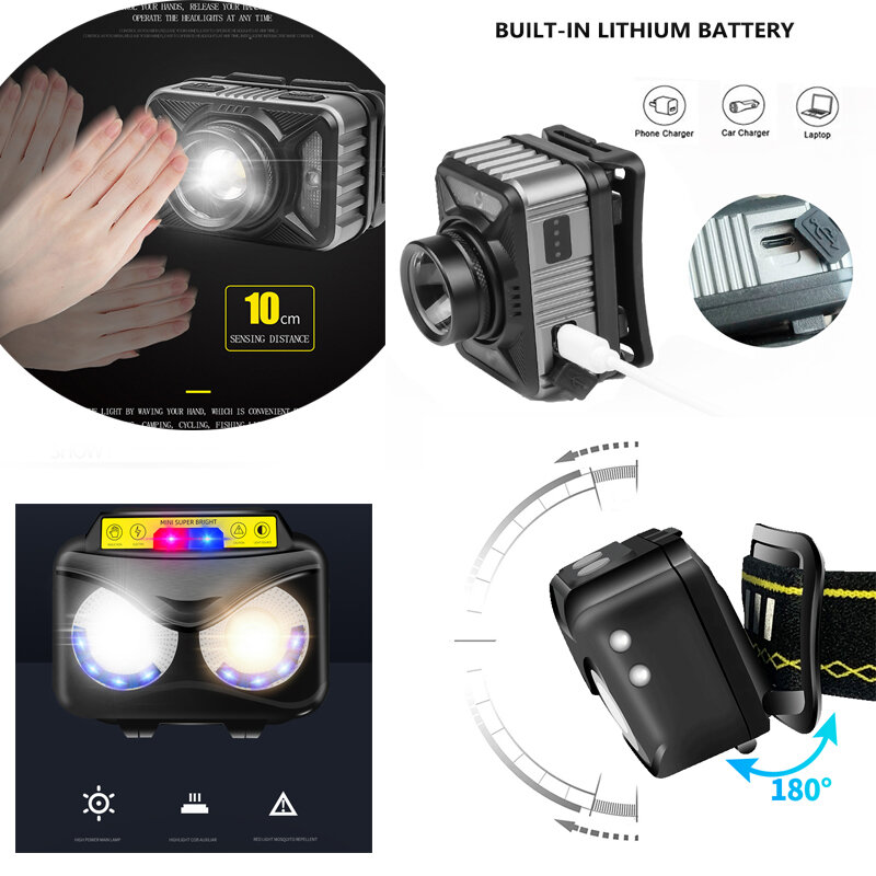 강력한 LED 헤드램프, 레드/화이트 라이트, 충전식 헤드라이트, 야외 방수 헤드 램프, IR 모션 센서 헤드 라이트, XHP50