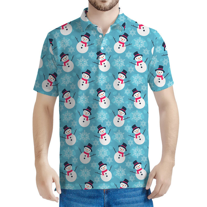 เสื้อโปโลลายลายการ์ตูนตุ๊กตาหิมะสำหรับผู้ชายเสื้อยืดพิมพ์ลาย3D เสื้อสตรีทคอปกแขนสั้นแนวสตรีทเสื้อทรงหลวมมีกระดุม