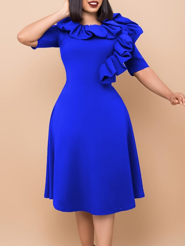 Autumn Women's New Dress Fashion Round Neck Half Sleeve Ruffle Edge Solid Color Swing Dress Casual and Elegant Women's Dress
