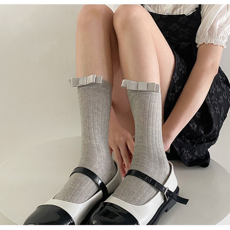 College Style Bow Cute Cotton Middle Tube Socks Sweet Girl Korean Fashion Lolita Socks Simple Striped Japanese Harajuku Socks