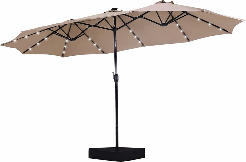 Mfstudio-ソーラーライト付き両面パティオ傘、屋外大型長方形市場傘、ベース付き、15フィート