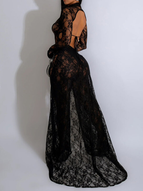 Сексуальный кружевной прозрачный женский комбинезон с открытой спиной, Новинка лета 2024, модное вечернее платье для ночного клуба