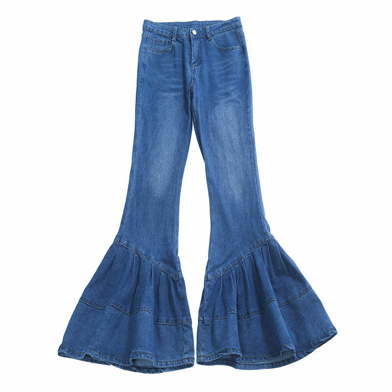Moda coreana flare jeans para as mulheres, calças retas, cor sólida, com botão, bolsos com zíper, elegante, simples e fino, para o verão