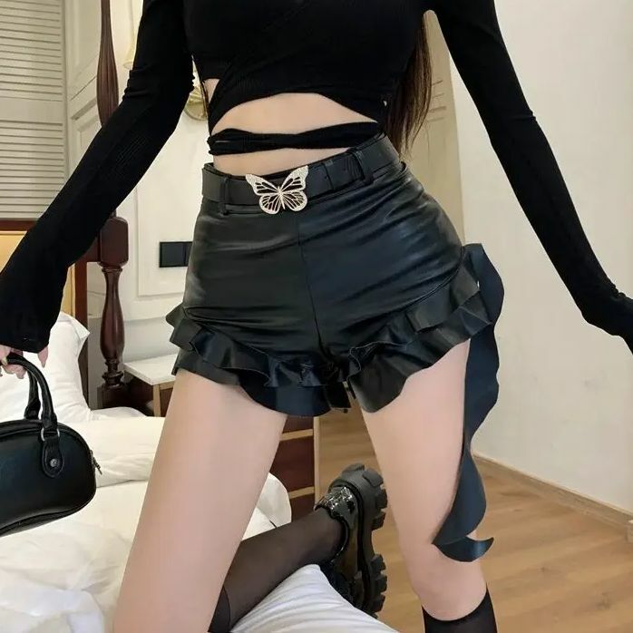 High Waist Leather Pants Sexy Casual Pu Leather Shorts Women'S Autumn Evening Party Solid Girl Short Pants With Belt
