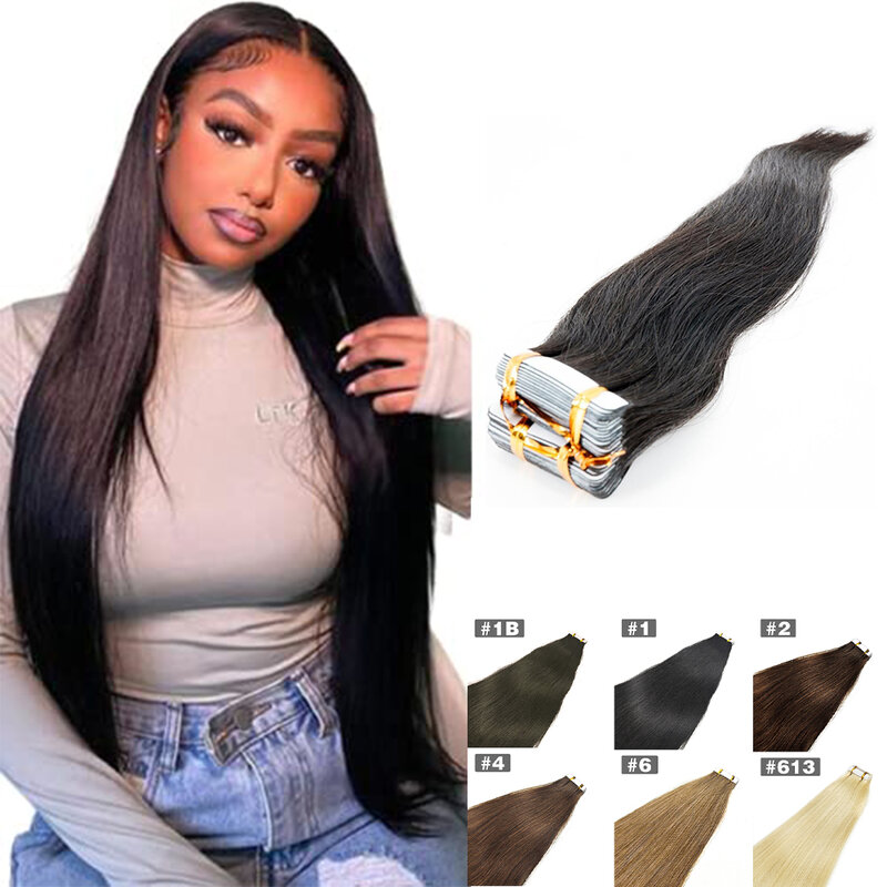 Tape In Hair Extensions Straight Human Hair 100% Real Human Hair 50G/Pcs Seamless Skin Weft Natural Black Color 22 24 26 Inch