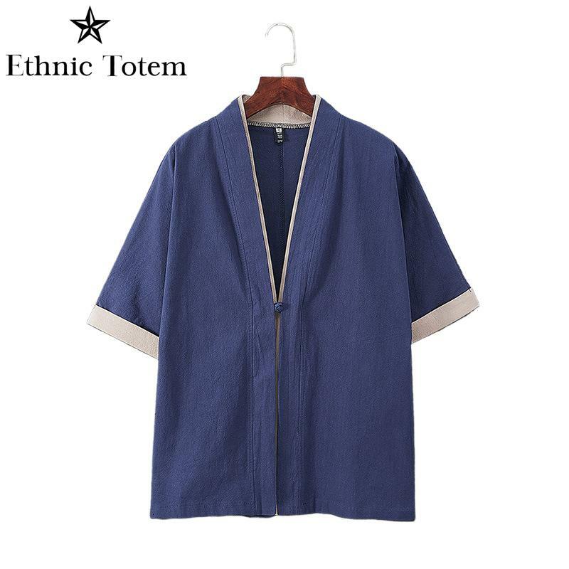 Mens Black Kimonos Lightweight Linen Robe Chinese Traditional Tang Suit Japanese Samurai Cardigan Shirts Kimono