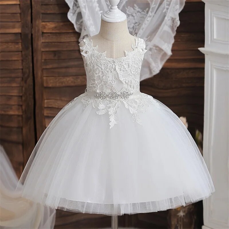 Кружевное платье с цветочной вышивкой для девочек, детское платье на день рождения, с фатиновым поясом, красивое официальное платье принцессы с цветами для девочек на свадьбу, 2024