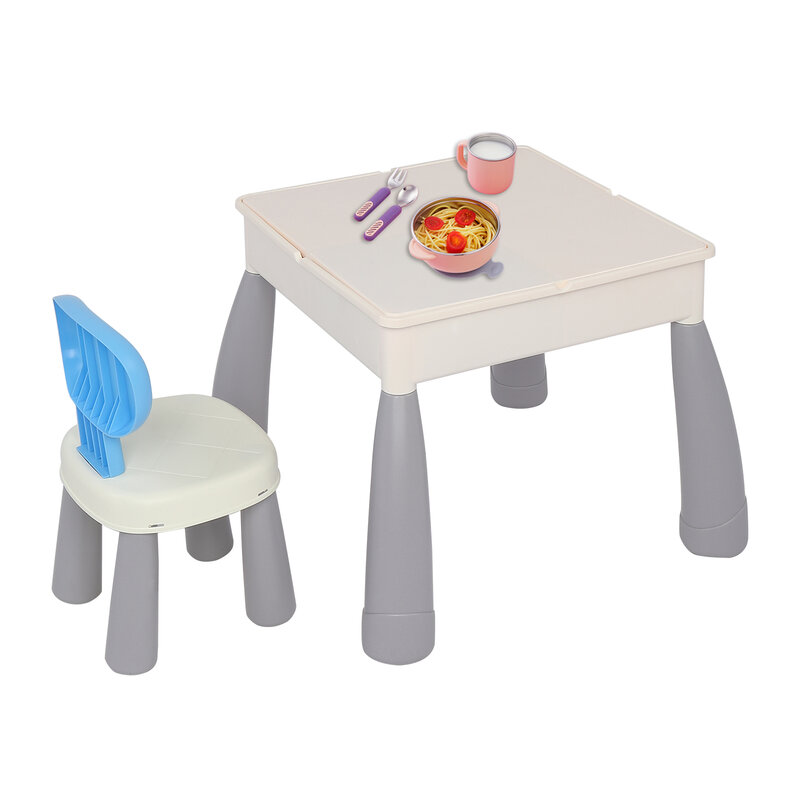 Crianças multi atividade mesa cadeira conjunto incluem 1 mesa + 1 cadeira com área de armazenamento e 300 peças blocos de construção colorido [eua-estoque]
