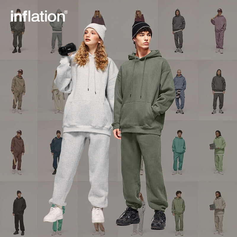 INFLATION 350gsm Thick Vlevet Tracksuit Unisex 2023 Trendy Solid Color Jogging Suit Mens Blank Matching Fleece Sweatpant Set
