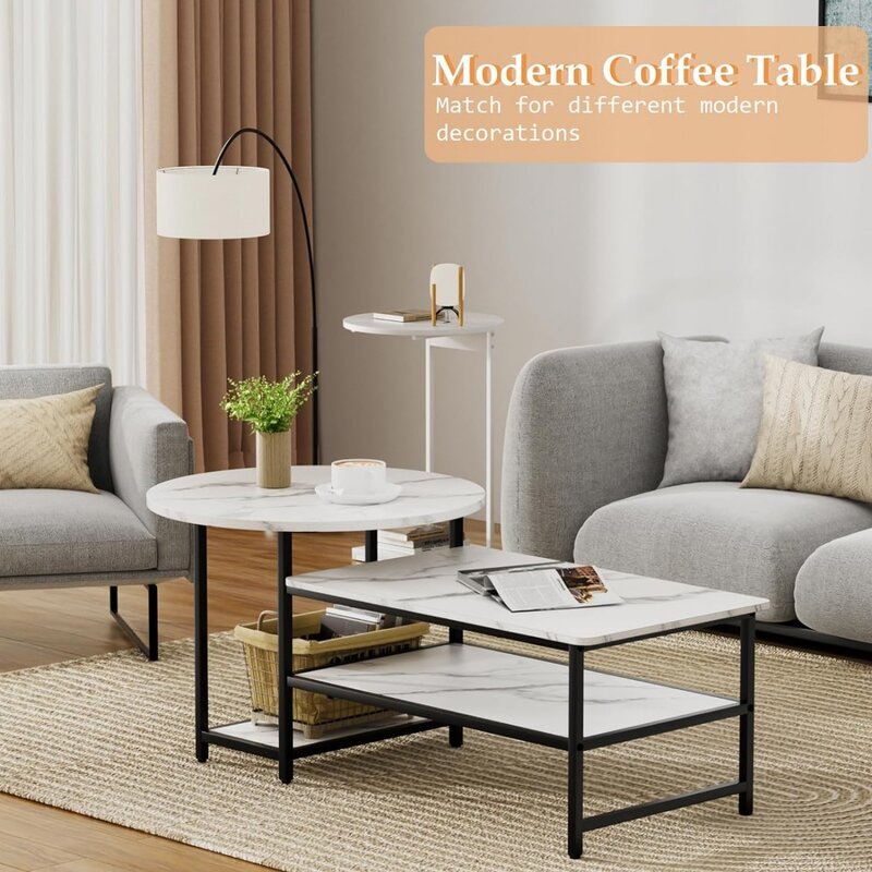 Tavolino moderno, 2 tavolini staccabili, finto marmo bianco, tavolini