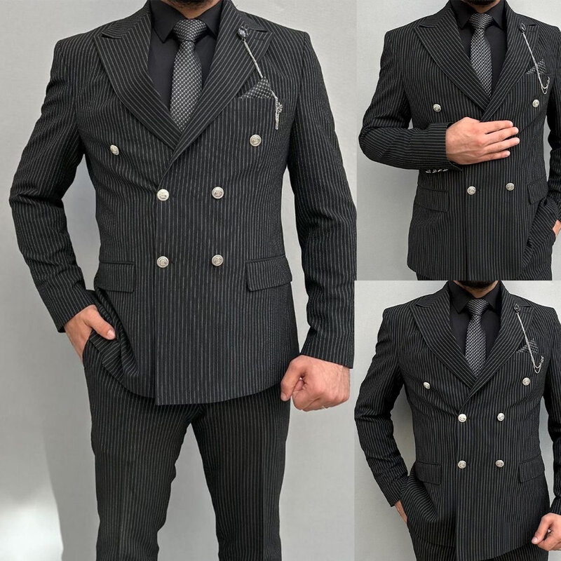 Pinstriped Wedding Suits For Men Double Breasted Peak Lapel Groom Wear Slim Fit Tuxedo For Party 2 Pcs Jacket Pants Custom Made