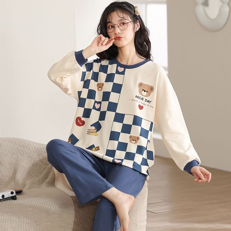 Pure Cotton Pajamas Long Sleeve Cute Cartoon Student Round Neck Spring Autumn Homewear Suit Women's Large Size Casual Sleepwear
