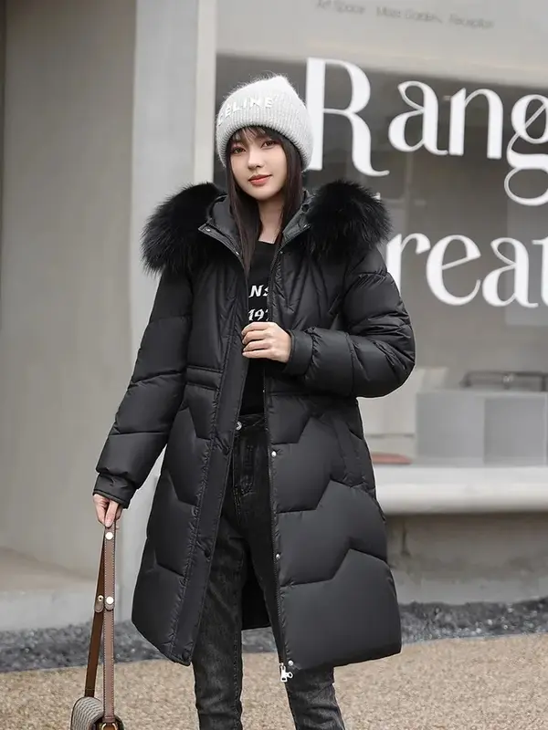 2023 nowy damski puchowa kurtka bawełniana zimowy płaszcz z kapturem i duża, futrzana kołnierzem gruby długa odzież wierzchnia modny wyściełany R241