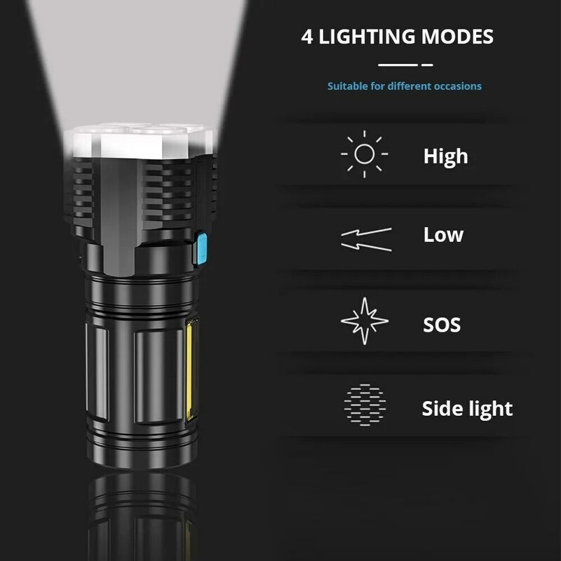 고출력 LED 손전등 캠핑 토치, 4 램프 비즈 및 COB 사이드 라이트, 충전식 휴대용 핸드 랜턴, 4 가지 조명 모드