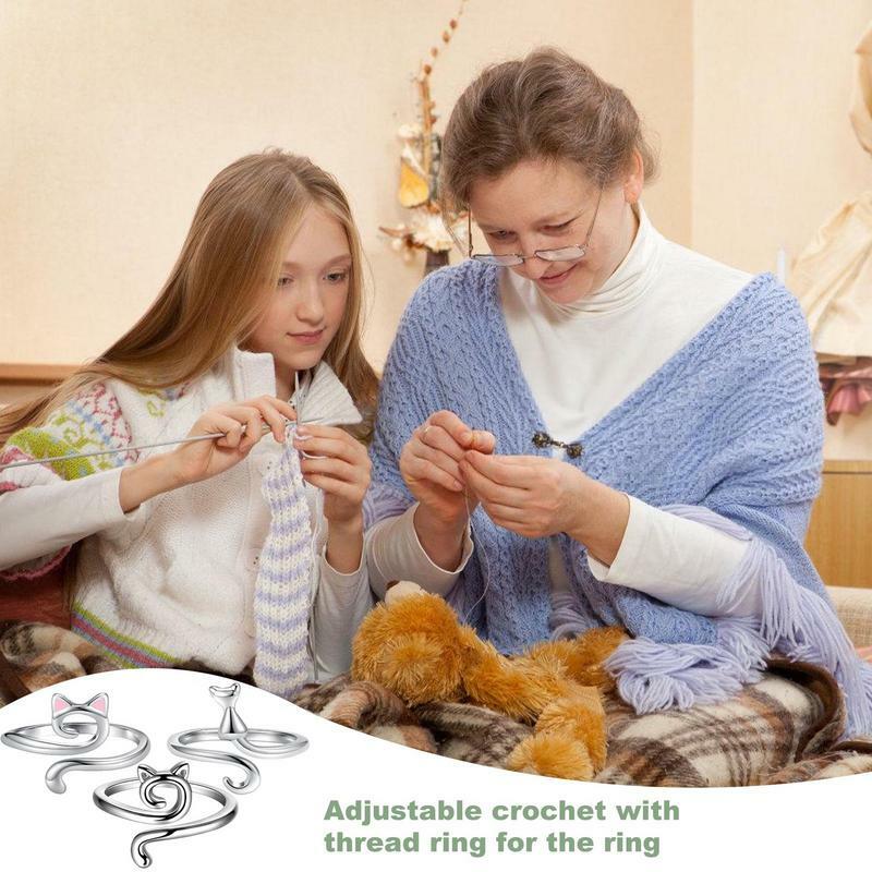 Orelhas de gato Crochet Yarn Ring, Crochet Ring bonito, Thread Ring, Guia suave para o dia das mães, 3pcs